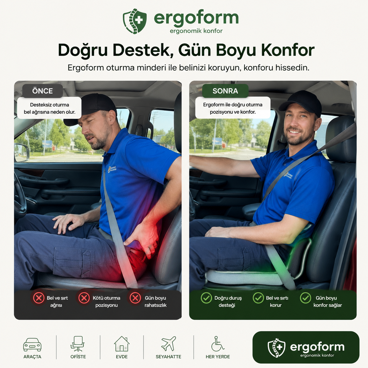 Ergoform® Ergonomik Destek Yastığı | Bel ve Sırt Desteği